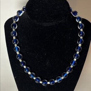 White Pearl and Blue Glass Beaded Single Strand Necklace 17”